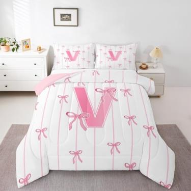 Imagem de jejeloiu Jogo de cama solteiro com laço rosa, para crianças, meninos, meninas, letra V, edredom kawaii, coquete, decoração de quarto, monograma, microfibra, 2 peças com 1 fronha