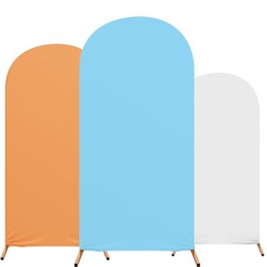 Imagem de Tingjoo Decoração de festa de aniversário laranja, azul, branco, conjunto de 3 capas de arco com estampa temática de elastano para festa de aniversário, 1,2 m, 1,5 m, 1,8 m