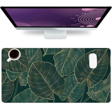 Imagem de Almofada de mesa grande, folhas verdes, couro PU, impermeável, antiderrapante, computador, laptop, protetor de mouse verde escuro para jogos, para escola, escritório e casa