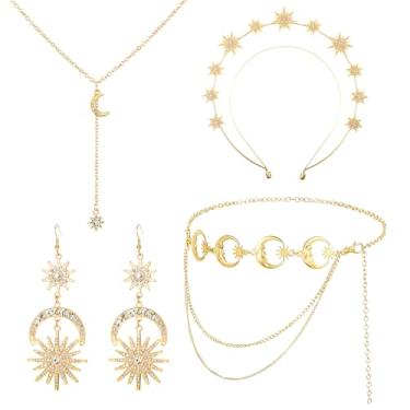 Imagem de Thinp 4 peças de joias celestiais, faixa de cabeça de estrela dourada, brincos de lua, colar e corrente corporal, acessórios de estrela para mulheres, meninas, fantasia de princesa de Halloween