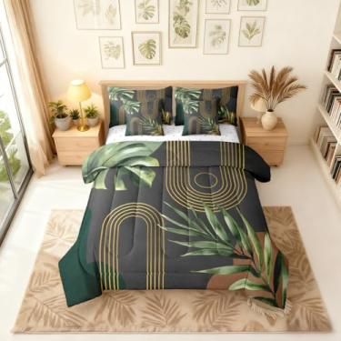 Imagem de Erosebridal Conjunto de cama queen boêmio de meados do século, verde escuro, 7 peças, estética moderna, minimalista, conjunto de cama com lençóis, arte geométrica simples abstrata, cama botânica