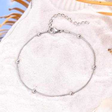 Imagem de Tornozeleira feminina de aço inoxidável com pingente de bola de ouro ou prata, corrente ajustável, simples, elegante, joia de praia de verão, 21cm-26cm, Aço inoxidável, Sem Pedra Preciosa