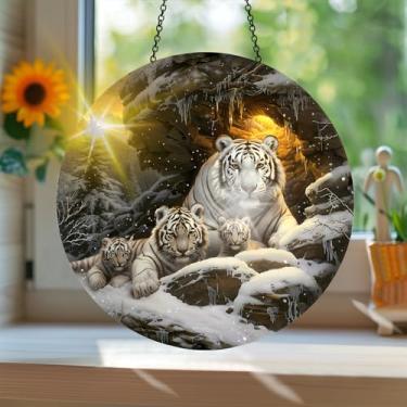 Imagem de Apanhador solar de acrílico colorido, estilo vitral com estampa de tigre animal com reflexos de arco-íris, arte de parede para decoração de janela suspensa, ornamentos de Natal para uso interno e
