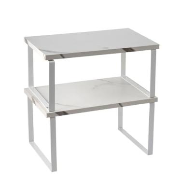 Imagem de Prateleira organizadora de armário, conjunto de 2 prateleiras expansíveis de bancada de cozinha com suporte de especiarias - armazenamento empilhável em metal e madeira 15,17 cm (branca)