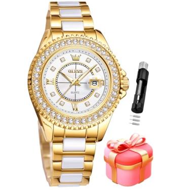 Imagem de OLEVS Relógios femininos diamante com data, couro de luxo, à prova d'água, relógio de pulso analógico, vestido de aço inoxidável, calendário luminoso, relógio feminino, mostrador verde/prata/vermelho