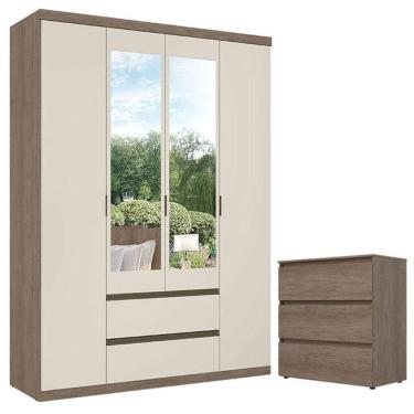 Imagem de Guarda Roupa Solteiro Nobre Slim Glass 4 Portas Off White E Cômoda Gaveteiro Condessa Rustic Acetinado - Thb