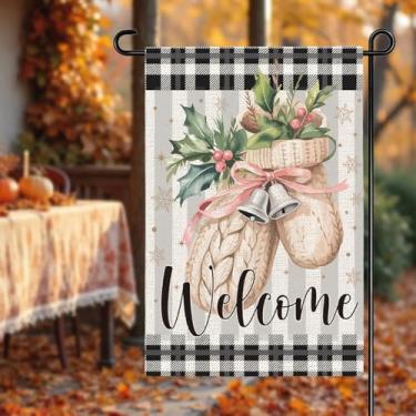 Imagem de Luvas Holly Welcome Winter Garden Flag Christmas Winter Holiday Decorações Gramado Quintal Xadrez Jardim Bandeiras para Exterior Casa Quintal Jardim Gramado Decoração de Boas Vindas Presentes de Casa