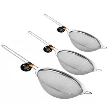 Imagem de Kit 3 Peneiras de Cozinha em Aço Inox, 8cm, 10cm e 12cm, Malha Fina, com Cabo Longo