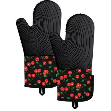 Imagem de Slohif Luvas de forno longas de silicone resistentes ao calor para mulheres - 2 peças de luvas de forno Y2K Cherry 100% algodão, luvas de forno de silicone antiderrapantes e impermeáveis com gancho
