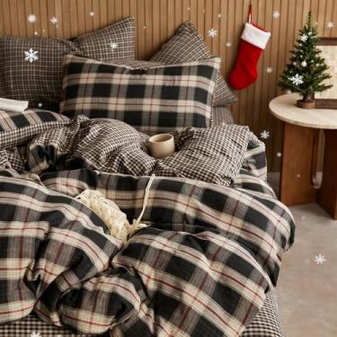 Imagem de EAVD Capa de edredom xadrez preta estilo vintage 100% algodão musselina retrô vermelho verde preto quadriculado jogo de cama xadrez com 2 fronhas capa de edredom guingão reversível com zíper