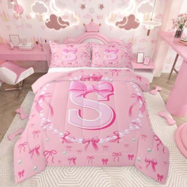 Imagem de Feelyou Conjunto de edredom infantil com laço rosa kawaii, tamanho solteiro, presente personalizado para crianças, meninas, conjunto de cama com inicial P, edredom fofo, coquete, laço e nó de