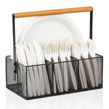 Imagem de NACIMAX Organizador de pratos de papel com alça, bancada, suporte de prato de papel e utensílios, suporte de talheres com 4 compartimentos para festa, acampamento, piquenique (preto)