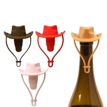 Imagem de 4 peças de rolhas de vinho de silicone, chapéu de cowboy, seladora de garrafa de vinho, mantém fresco por 15 dias, decoração de casa e presentes para o vencedor (vermelho + café + marrom claro + rosa)