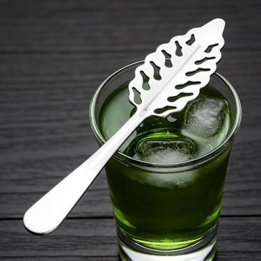 Imagem de Colher de filtro em forma de folha de absinto de aço inoxidável prata para bebidas de gelo amargo e absinto