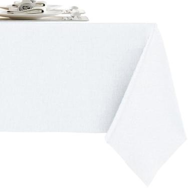 Imagem de RUOYU Toalhas de mesa brancas de mistura de linho pesado – 304,8 cm x 139,7 cm Toalha de mesa premium sólida resistente a manchas, capa de mesa impermeável para jantar, cozinha, banquetes e buffet