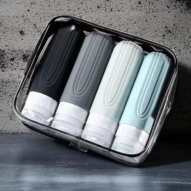 Imagem de Pacote com 4 recipientes de silicone à prova de vazamento para artigos de higiene pessoal – Frascos recarregáveis de 85 g para viagem, para xampu, condicionador, loção, gel | Kit de acessórios de