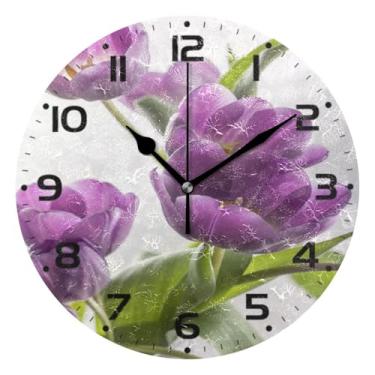 Imagem de JUZIHAI Lindas tulipas roxas, relógio de parede, silencioso, redondo, sem tique-taque, operado por bateria, fácil de ler, relógio decorativo de parede para casa, cozinha, sala de estar, quarto