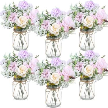 Imagem de Zeyune 6 conjuntos de flores artificiais de hortênsia em vaso de vidro, flores falsas de seda em vaso com hastes de eucalipto, respiração de bebê, arranjo floral para mesa de centro de mesa, sala de