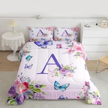 Imagem de jejeloiu Conjunto de edredom solteiro com estampa de borboleta, monograma, para crianças, adolescentes, letra A, lindas borboletas, decoração de quarto, 2 peças com 1 fronha