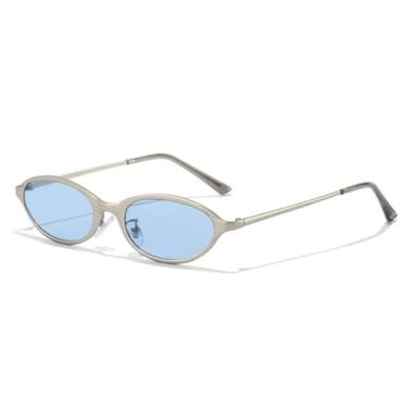 Imagem de Óculos de Sol Retrô Oval Pequeno Feminino com Lentes Degradê UV400, Estilo Punk, Armação Metálica Fosca (Azul Prateado Fosco)