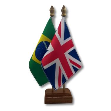 Imagem de Bandeira de Mesa Elegance Brasil e Reino Unido, Decorativa, Dupla Face, Multicolorido, 19x13cm, Base Madeira, Escritório e Eventos, Oxford, 30cm Altura