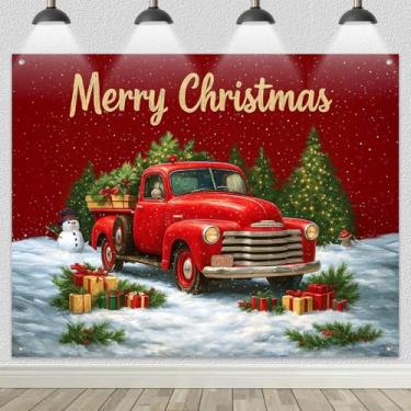 Imagem de HOMETITUTE Pano de fundo de Natal 2,4 x 1,8 m Caminhão Vermelho Faixa de Feliz Natal Captador Vintage Árvore de Inverno Decoração de Festa para Exibição de Fotografia Interior e Exterior
