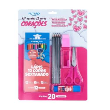 Imagem de Kit Escolar Corações, 20 Peças, Material Escolar Completo com 12 Lápis de Cor Sextavado 1 Tesoura 13cm 1 Cola em Bastão de 10g 1 Borracha com capa 1 Apontador com coletor 4 Lápis HB, 2,2mm