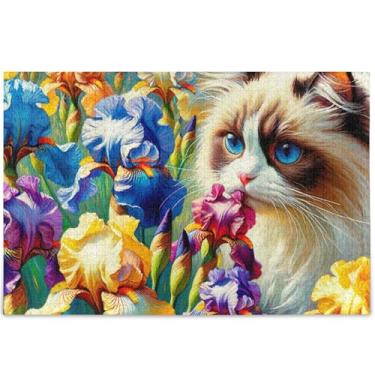 Imagem de Ragdoll Gato Íris Flores Adultos 1000 Peças Quebra-cabeça Desenho Animado Animal Arte Única Divertido Adulto Brinquedo Personalizado Tech Game Puzzle, Presentes, 75 cm x 50 cm