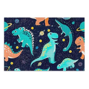 Imagem de Quebra-cabeça para adultos 1000 peças decoração de arte animal personalizado exclusivo quebra-cabeça fofo dinossauros azul laranja engraçado jogo de quebra-cabeça presentes, 75 x 40 centímetros