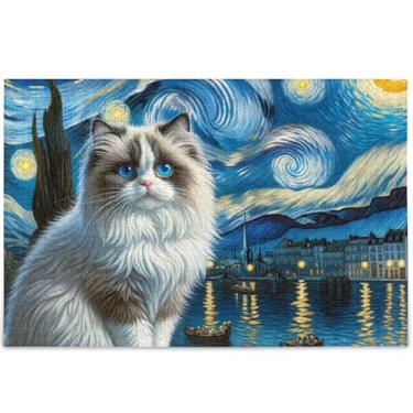 Imagem de Ragdoll Gato Noite Estrelada 1000 Peças Quebra-cabeça Adultos Quebra-cabeça Arte Difícil Quebra-cabeça Personalizado Engraçado, 75 cm x 50 cm