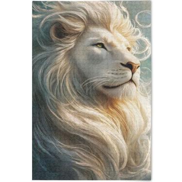 Imagem de Quebra-cabeça adulto personalizado bonito juba de leão branco 500 peças cenário arte animal legal grande quebra-cabeças jogo de quebra-cabeça presentes tecnológicos, 52 cm x 37,8 cm