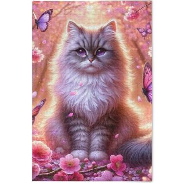 Imagem de Quebra-cabeça de gato Ragdoll rosa personalizado flor de cerejeira 500 peças para adultos família quebra-cabeças amantes presentes cena de inverno quebra-cabeças decoração de casa arte, 52 cm x 37,8