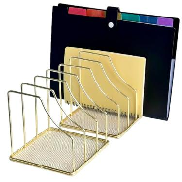 Imagem de Simmer Stone Organizador de arquivos, suporte de revistas de seção, suporte de livro de arame para correspondência, papel, documentos, pastas, discos e acessórios de mesa (2 peças douradas)