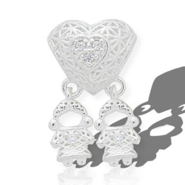Imagem de Berloque Separador Coração Filhos Menino Menina Pedra Prata - Lojas La
