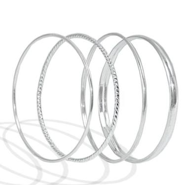 Imagem de 4 Bracelete Pulseira Rigida Argola Sem Fecho Grande Prata - Lojas La&N