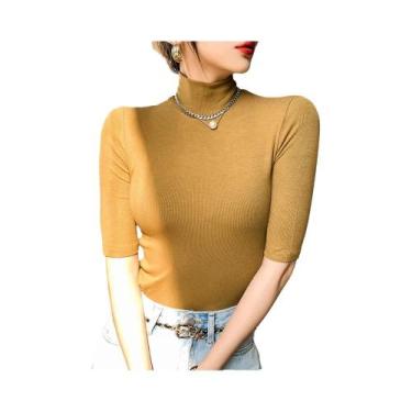 Imagem de Camiseta Branca Feminina Casual - Algodão, Gola Alta e Manga Curta, BR