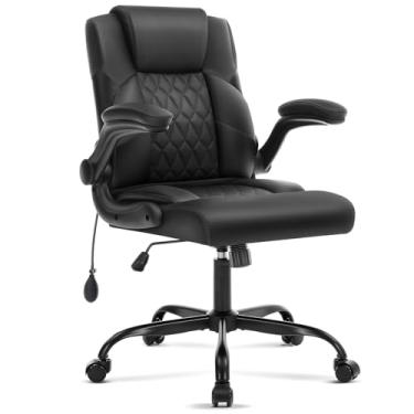 Imagem de Cadeira de escritório com suporte lombar inflável, cadeira de mesa de computador ergonômica de couro com braços dobráveis, trava de inclinação ajustável, cadeira executiva de PC giratória para