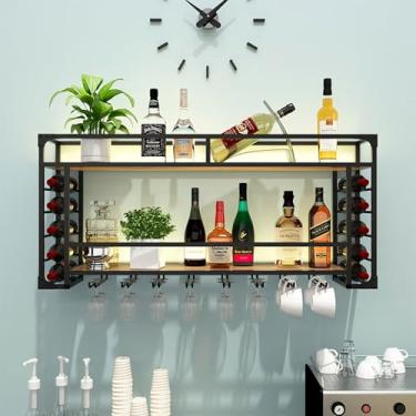 Imagem de Rack de vinho de metal montado na parede com prateleiras de barra de luz LED montado na parede com suporte de vidro barra de ferro prateleira de licor armazenamento prateleiras de vinho flutuantes bar