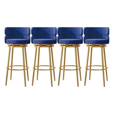 Imagem de Conjunto de 4 bancos de bar estofados, cadeiras giratórias para café da manhã com 65 cm de altura, bancos de cozinha com encosto alto, apoio para os pés de metal preto, azul