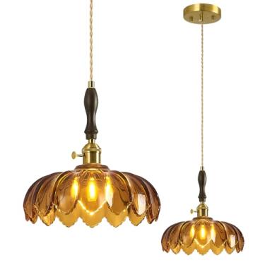 Imagem de BBLLWJ Luminária pendente de vidro moderno Tawny Retro Flower Glass Luminária suspensa de metal dourado decorativa ajustável para teto adequado para cozinha, ilha, quarto, sala de jantar, sala de