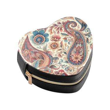 Imagem de Burbuja Caixa de joias retrô Paisley em forma de coração, mini estojo de viagem para mulheres e meninas, organizador portátil de armazenamento para brincos, anéis, colares e pulseiras