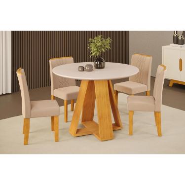 Imagem de Conjunto: Mesa Sala Jantar Celeste c/ Tampo Madeirado c/ Vidro Redondo 103x103cm e 4 Cadeiras Zoe Cedro/Off White - Suede Creme - DJ Móveis