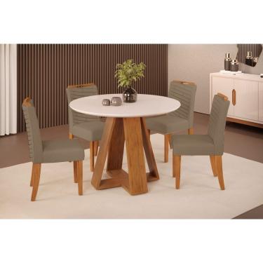 Imagem de Conjunto: Mesa Sala Jantar Celeste c/ Tampo Madeirado c/ Vidro Redondo 103x103cm e 4 Cadeiras Lia Freijo/Off White - Linho Bege DJ Móveis