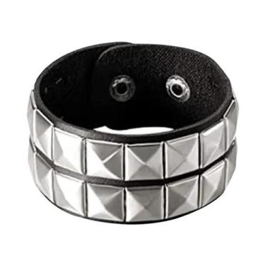 Imagem de Pulseira De Couro Preta Masculina Com Rebites Metálicos Estilo Punk Ro