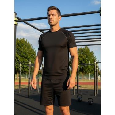 Imagem de Camiseta Masculina Raglan Dry Proteção Solar UV Lisa Corrida Academia Ciclismo Esporte - Preto-Masculino