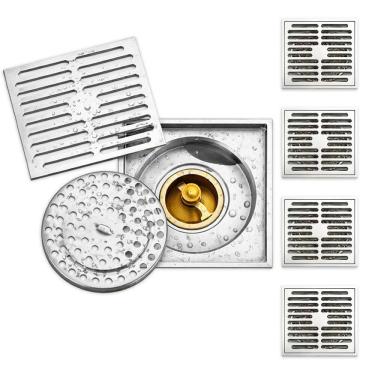 Imagem de Ralo 10x10 Inox Kit 4 Uni Banheiro Anti Inseto Anti Odor Casa Quintal Lavabo Rapido Escoamento Resistente