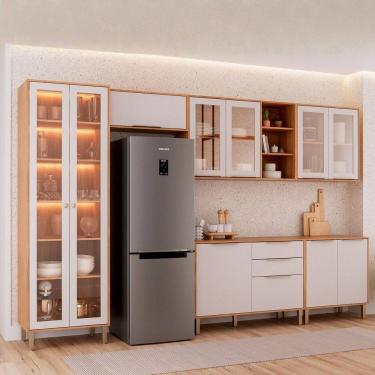 Imagem de Cozinha Modulada 6 Peças com 1 Cristaleira 2 Balcões 3 Armários Aéreos Brilhante Cinamomo/Off White