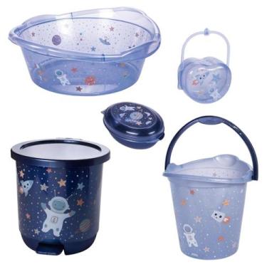 Imagem de Kit banho do bebê 5 peças bacia decorada ludica plasutil + balde + lix
