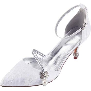 Imagem de Sapatos femininos de casamento D Orsay salto médio bico fino noiva renda noiva noiva noiva pérola, Branco, 10.5