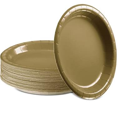 Imagem de Amcrate Pratos de papel descartáveis dourados, pratos de sobremesa de papel de 17 cm, prato descartável forte e resistente para festa, jantar, feriado, piquenique ou festa de viagem, pacote com 50